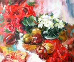 Still Life With Red And White Flowers