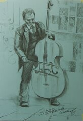 Musicians in Prague. Double-bass player